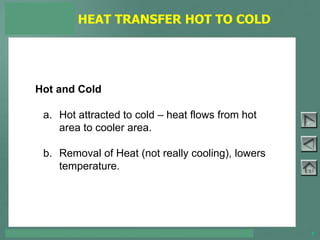 TOYOTA COURSE 752 – AIR CONDITIONING & CLIMATE CONTROL 5
Hot and Cold
a. Hot attracted to cold – heat flows from hot
area to cooler area.
b. Removal of Heat (not really cooling), lowers
temperature.
HEAT TRANSFER HOT TO COLD
 