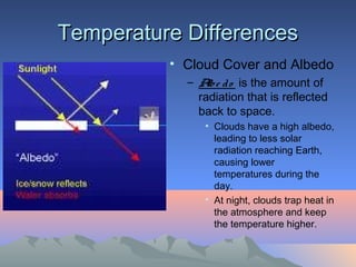 Temperature Differences
          • Cloud Cover and Albedo
            – A d o is the amount of
                lbe
              radiation that is reflected
              back to space.
               • Clouds have a high albedo,
                 leading to less solar
                 radiation reaching Earth,
                 causing lower
                 temperatures during the
                 day.
               • At night, clouds trap heat in
                 the atmosphere and keep
                 the temperature higher.
 