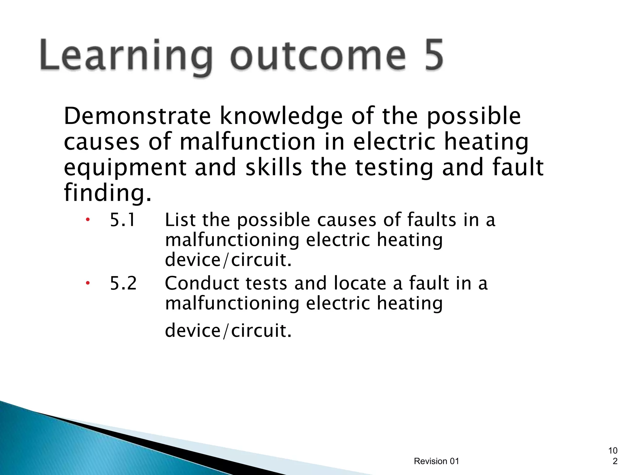 Demonstrate knowledge of the possible
causes of malfunction in electric heating
equipment and skills the testing and fault
finding.
  5.1   List the possible causes of faults in a
         malfunctioning electric heating
         device/circuit.
  5.2   Conduct tests and locate a fault in a
         malfunctioning electric heating
         device/circuit.




                                                    10
                                      Revision 01    2
 