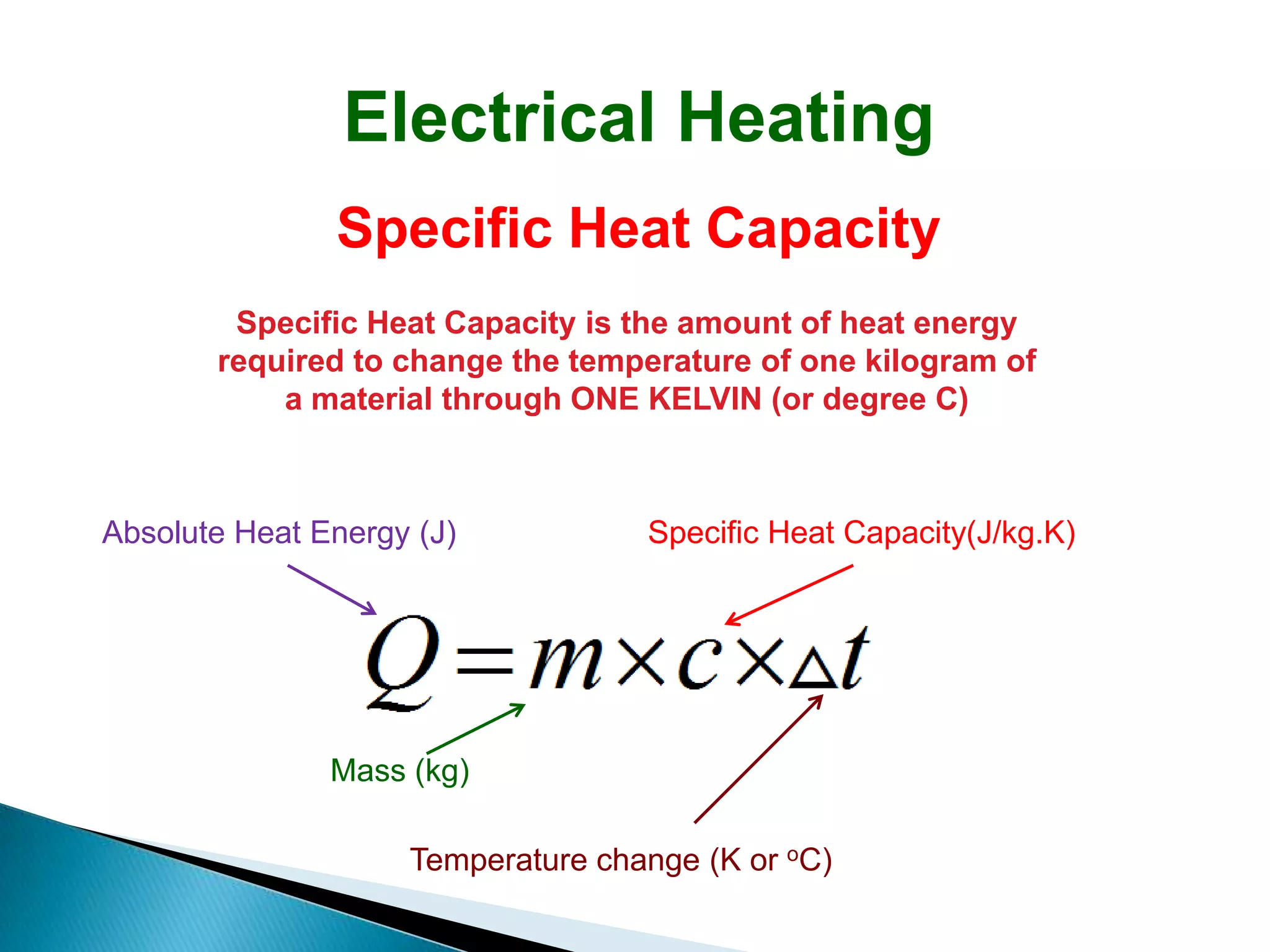 Electrical Heating
               Specific Heat Capacity
        Specific Heat Capacity is the amount of heat energy
       required to change the temperature of one kilogram of
           a material through ONE KELVIN (or degree C)



Absolute Heat Energy (J)           Specific Heat Capacity(J/kg.K)




               Mass (kg)

                    Temperature change (K or oC)
 