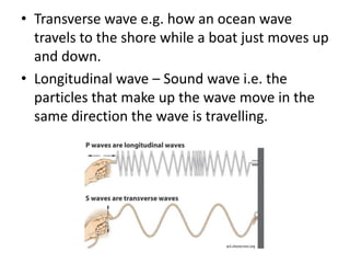 • Transverse wave e.g. how an ocean wave 
travels to the shore while a boat just moves up 
and down. 
• Longitudinal wave – Sound wave i.e. the 
particles that make up the wave move in the 
same direction the wave is travelling. 
w3.shorecrest.org 
 