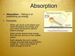 Absorption
 Absorption – Taking in or
swallowing up energy.
 Examples
 When you touch a hot object your
hand will absorb the energy and
your hand will become warmer.
(heat is energy!
 Solar panels absorb heat energy
from the sun and turn it into usable
power.
 Earth absorbs the sun’s radiant
energy and that heat warms Earth’s
cooler air. That is how Earth is
warm enough to live on.
 