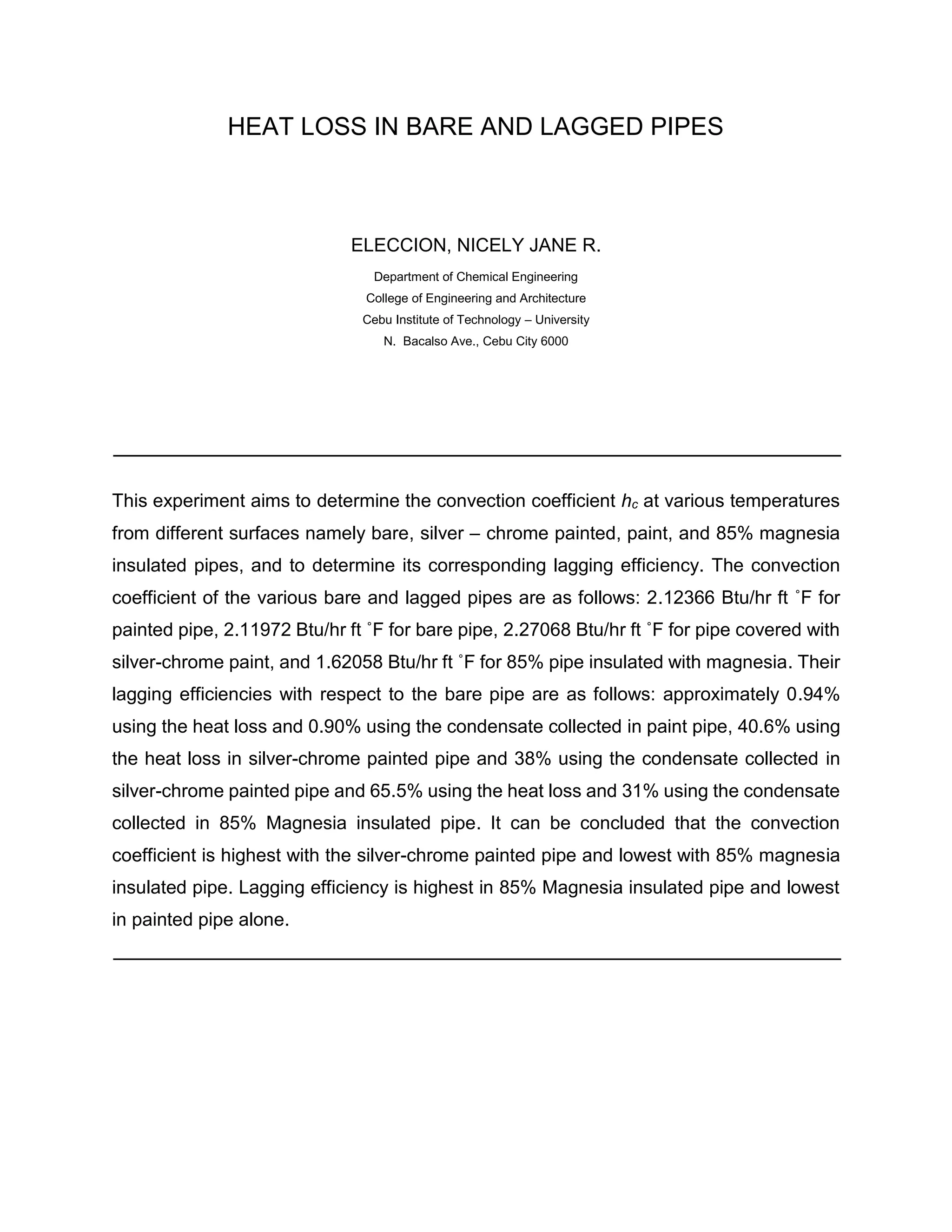 Heat loss in bare and lagged pipes | PDF
