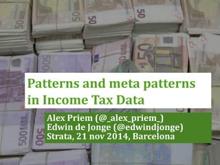 Alex Priem (@_alex_priem_) 
Edwin de Jonge (@edwindjonge) 
Strata, 21 nov 2014, Barcelona 
Patterns and meta patterns 
in Income Tax Data 
 