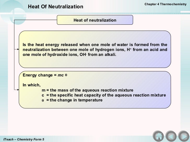 heat of neutralization Enthalpy of neutralization introduction energy changes always accompany chemical reactions if energy, in the form of heat, is liberated the reaction is exothermic and if energy is absorbed. heat of neutralization Enthalpy of neutralization introduction energy changes always accompany chemical reactions if energy, in the form of heat, is liberated the reaction is exothermic and if energy is absorbed.