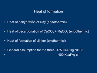 Heat of formation
• Heat of dehydration of clay (endothermic)
• Heat of decarbonation of CaCO3 + MgCO3 (endothermic)
• Heat of formation of clinker (exothermic!)
• General assumption for the three: 1750 kJ / kg clk 0r
• 400 Kcal/kg cl
 