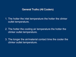 General Truths (All Coolers)General Truths (All Coolers)
1. The hotter the inlet temperature the hotter the clinker
outlet temperature.
2. The hotter the cooling air temperature the hotter the
clinker outlet temperature.
3. The longer the air/material contact time the cooler the
clinker outlet temperature.
 