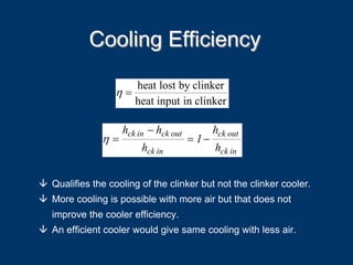 Cooling EfficiencyCooling Efficiency
clinkerininputheat
clinkerbylostheat
=η
inck
outck
inck
outckinck
h
h
1
h
hh
−=
−
=η
Qualifies the cooling of the clinker but not the clinker cooler.
More cooling is possible with more air but that does not
improve the cooler efficiency.
An efficient cooler would give same cooling with less air.
 