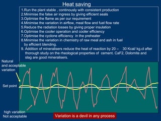 Heat saving
1.Run the plant stable , continously with consistent production
2.Minimise the false air ingress by giving efficient seals
3.Optimise the flame as per our requirement
4.Minimise the variation in airflow, meal flow and fuel flow rate
5.Reduce the radiation losses by giving proper insulation
6.Optimise the cooler operation and cooler efficiency
7.Optimise the cyclone efficiency in the preheater
8.Minimise the variation in chemistry of raw meal and ash in fuel
by efficient blending.
9. Addition of mineralisers reduce the heat of reaction by 20 – 30 Kcal/ kg.cl after
thorough study on the rheological properties of cement. CaF2, Dolomite and
slag are good mineralisers.
Set point
Natural
and acceptable
variation
high variation
Not acceptable Variation is a devil in any process
 