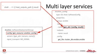 Multi layer services
Another_SoftwareDeploymentGroup
config: {get_resource: another_config}
servers: {{get_attr: [servers, name]}}
signal_transport: NO_SIGNAL
Another_config:
type: OS::Heat::SoftwareConfig
properties:
group: ansible
inputs:
- name: {get_attr: [config, result]}
outputs:
- name: result
config:
get_file: cluster_db-ansible.ansible
...
shell: ... >> {{ heat_outputs_path }}.result
 