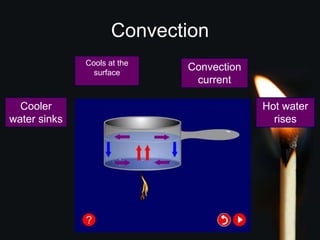 Convection
Hot water
rises
Cooler
water sinks
Convection
current
Cools at the
surface
 