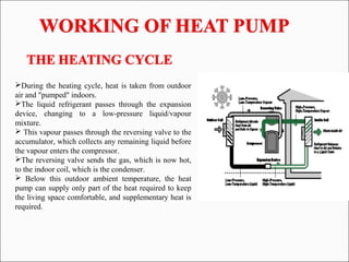 During the heating cycle, heat is taken from outdoor
air and "pumped" indoors.
The liquid refrigerant passes through the expansion
device, changing to a low-pressure liquid/vapour
mixture.
 This vapour passes through the reversing valve to the
accumulator, which collects any remaining liquid before
the vapour enters the compressor.
The reversing valve sends the gas, which is now hot,
to the indoor coil, which is the condenser.
 Below this outdoor ambient temperature, the heat
pump can supply only part of the heat required to keep
the living space comfortable, and supplementary heat is
required.
 
