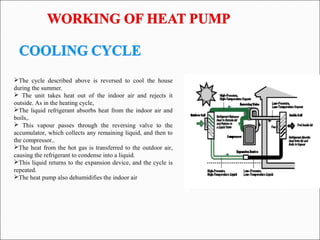 The cycle described above is reversed to cool the house
during the summer.
 The unit takes heat out of the indoor air and rejects it
outside. As in the heating cycle,
The liquid refrigerant absorbs heat from the indoor air and
boils,.
 This vapour passes through the reversing valve to the
accumulator, which collects any remaining liquid, and then to
the compressor..
The heat from the hot gas is transferred to the outdoor air,
causing the refrigerant to condense into a liquid.
This liquid returns to the expansion device, and the cycle is
repeated.
The heat pump also dehumidifies the indoor air
 