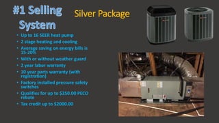 Silver Package
• Up to 16 SEER heat pump
• 2 stage heating and cooling
• Average saving on energy bills is
15-20%
• With or without weather guard
• 2 year labor warranty
• 10 year parts warranty (with
registration)
• Factory installed pressure safety
switches
• Qualifies for up to $250.00 PECO
rebate
• Tax credit up to $2000.00
 