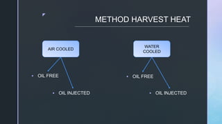 z
AIR COOLED
METHOD HARVEST HEAT
 OIL FREE
 OIL INJECTED
WATER
COOLED
 OIL FREE
 OIL INJECTED
 