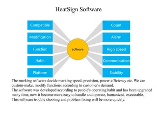 Compatible
Modification
Function
Habit
Platform
Count
Alarm
High speed
Communication
Stability
software
HeatSign Software
The marking software decide marking speed, precision, power efficiency etc. We can
custom-make, modify functions according to customer's demand.
The software was developed according to people's operating habit and has been upgraded
many time, now it become more easy to handle and operate, humanized, executable.
This software trouble shooting and problem fixing will be more quickly.
 