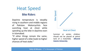 Heat Speed
Bike Riders
BikeSpeed
Heat at Chest
Daytime temperature is steadily
rising in southern and middle regions
of Pakistan. Motorcyclists face
scorching heat at chest while
speeding up the bike in daytime even
in Islamabad.
“If other things remain the same,
higher speed of a bike leads to higher
chances of heat stoke.”
Summer or winter, children
should not be placed at petrol
tank of a motorbike. Alhamd
Islamic University
Daily 10 Minutes – 1st e-Newspaper of Pakistan
 