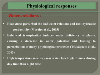Physiological responses
Waters relations :
• Heat stress perturbed the leaf water relations and root hydraulic
conductivity (Morales et al., 2003)
• Enhanced transpiration induces water deficiency in plants,
causing a decrease in water potential and leading to
perturbation of many physiological processes (Tsukaguchi et al.,
2003)
• High temperature seem to cause water loss in plant more during
day time than night time
 