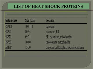 LIST OF HEAT SHOCK PROTEINS
Proteinclass Size(kDa) Location
HSP100 100-114 cytoplasm
HSP90 80-94 cytoplasm,ER
HSP70 69-71 ER,cytoplasm,mitochondria
HSP60 10-60 chloroplasts,mitochondria
smHSP 15-30 cytoplasm,chloroplast,ER,mitochondria
 