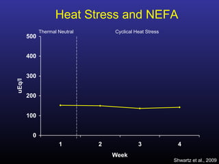 Heat Stress and NEFA
0
100
200
300
400
500
1 2 3 4
Week
uEq/l
Thermal Neutral Cyclical Heat Stress
Shwartz et al., 2009
 