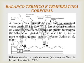 
Balanço térmico no gado de corte (adaptado de Meat &
Livestock Australia, 2002).
BALANÇO TÉRMICO E TEMPERATURA
CORPORAL
A temperatura normal do gado adulto saudável
varia entre 37,8 e 40,0 °C. A temperatura mínima
do corpo normalmente ocorre no início da manhã
(08:00h), e no período da tarde (19:00 h) tanto
para o verão quanto para o Inverno (Arias et al,
2008)
 