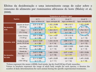 
aValues represent the mean (±SEM); food intake, kg dry food/100 kg of body mass/day.
Values in brackets represent the range of adult body weight for each species. n denotes the
number of daily determinations for each animal during the specific experimental treatments.
Efeitos da desidratação e uma intermitente carga de calor sobre o
consumo do alimento por ruminantes africanos do leste (Maloiy et al,
2008).
Espécies
Temperatura do ambiente e agua
22 °C
Agua: ad libitum (A)
22 °C
Agua: restringida (B)
22-40 °C
Agua: ad libitum (C)
22-40 °C
Agua: restringida (D)
No domestico,
árido
Gazela de Gran't
(20-30 kg)
2.31 ± 0.10
(n = 18)
1.52 ± 0.08
(n = 12)
1.98 ± 0.11
(n = 17)
1.52 ± 0.09
(n = 12)
Oryx
(75-110 kg)
2.25 ± 0.19
(n = 16)
1.34 ± 0.11
(n = 10)
2.25 ± 0.10
(n = 16)
1.76 ± 0.11
(n = 11)
Domestico, árido
Cabra Turkana
(15-20 kg)
3.01 ± 0.08
(n = 20)
1.26 ± 0.07
(n = 14)
1.79 ± 0.10
(n = 18)
1.19 ± 0.10
(n = 12)
Ovelha de cauda
gorda (18-25 kg)
2.54 ± 0.09
(n = 20)
1.32 ± 0.10
(n = 14)
2.80 ± 0.11
(n = 18)
1.03 ± 0.06
(n = 12)
Vaca Zebu
(250-320 kg)
1.66 ± 0.02
(n = 20)
0.83 ± 0.03
(n = 14)
0.83 ± 0.03
(n = 20)
0.60 ± 0.06
(n = 12)
No domestico,
No árido
Gazela de
Thomson (11-15
kg)
2.63 ± 0.08
(n = 18)
1.66 ± 0.04
(n = 10)
2.57 ± 0.01
(n = 17)
1.03 ± 0.06
(n = 11)
Gnu
(130-138 kg)
2.11 ± 0.07
(n = 17)
1.69 ± 0.09
(n = 11)
1.83 ± 0.09
(n = 16)
1.49 ± 0.05
(n = 10)
 