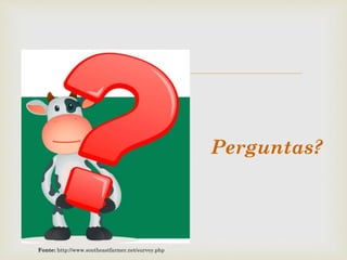 
Fonte: http://www.southeastfarmer.net/survey.php
Perguntas?
 