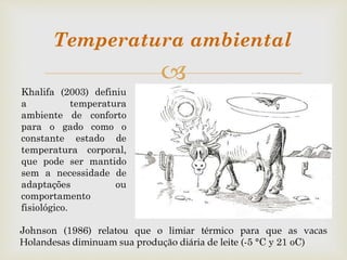 
Temperatura ambiental
Khalifa (2003) definiu
a temperatura
ambiente de conforto
para o gado como o
constante estado de
temperatura corporal,
que pode ser mantido
sem a necessidade de
adaptações ou
comportamento
fisiológico.
Johnson (1986) relatou que o limiar térmico para que as vacas
Holandesas diminuam sua produção diária de leite (-5 °C y 21 oC)
 