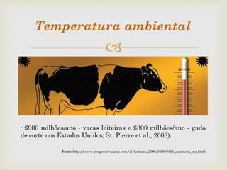 
~$900 milhões/ano - vacas leiteiras e $300 milhões/ano - gado
de corte nos Estados Unidos; St. Pierre et al., 2003).
Fonte: http://www.progressivedairy.com/el/features/2008/0408/0408_caramona_esp.html
Temperatura ambiental
 