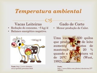 
Fonte: http://www.demetra-
srl.it/spanish/prerumen.html
Fonte:
http://www.flickr.com/photos/alexdavies/277
293035/
Vacas Leiteiras
• Redução do consumo. ~5 kg/d
• Balance energético negativo.
Gado de Corte
• Menor produção de Calor.
~14 kg/d
Uma vaca de 600 quilos
que produz 27 kg de leite
aumenta os custos de
mantença num 20 %
quando a temperatura vá
de 20ºC a 30ºC (West,
1992).
Temperatura ambiental
 