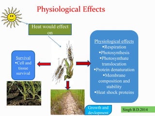 Heat would effect
on
Survival
Cell and
tissue
survival
Physiological effects
Respiration
Photosynthesis
Photosynthate
translocation
Protein denaturation
Membrane
composition and
stability
Heat shock proteins
Growth and
devlopment
Singh B.D.2014
Physiological Effects
 