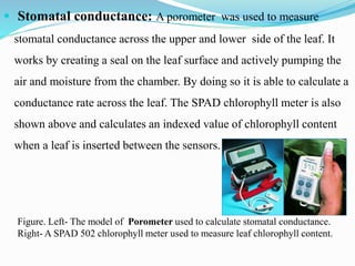  Stomatal conductance: A porometer was used to measure
stomatal conductance across the upper and lower side of the leaf. It
works by creating a seal on the leaf surface and actively pumping the
air and moisture from the chamber. By doing so it is able to calculate a
conductance rate across the leaf. The SPAD chlorophyll meter is also
shown above and calculates an indexed value of chlorophyll content
when a leaf is inserted between the sensors.
Figure. Left- The model of Porometer used to calculate stomatal conductance.
Right- A SPAD 502 chlorophyll meter used to measure leaf chlorophyll content.
 