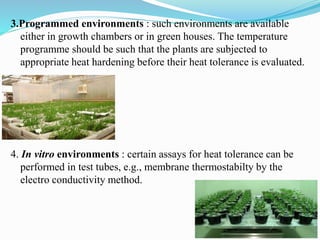 3.Programmed environments : such environments are available
either in growth chambers or in green houses. The temperature
programme should be such that the plants are subjected to
appropriate heat hardening before their heat tolerance is evaluated.
4. In vitro environments : certain assays for heat tolerance can be
performed in test tubes, e.g., membrane thermostabilty by the
electro conductivity method.
 