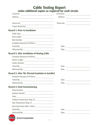 Cable Testing Report 
make additional copies as required for each circuit. 
Customer: Contractor: 
Address: Address: 
Phone No: Phone No. 
Project Reference: 
Record 1: Prior to Installation 
Cable Type: 
Reel Length: 
Reel Number: 
Insulation Resistance M Ohms: 
Tested By: Date: 
Witnessed By: Date: 
Record 2: After Installation of Heating Cable 
Insulation Resistance M Ohms: 
Heater Length: 
Heater Number: 
Tested By: Date: 
Witnessed By: Date: 
Record 3: After The Thermal Insulation Is Installed 
Insulation Resistance M Ohms: 
Tested By: Date: 
Witnessed By: Date: 
Record 4: Final Commissioning 
Panel Number: 
Breaker Number: 
Volts: 
Ambient Temperature (deg. F): 
Pipe Temperature (deg. F): 
Recorded Amps (After 5 Min.): 
Tested By: Date: 
Witnessed By: Date: 
8 
 