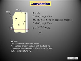 Convection Where: Q – convective heat flow, Watts A – surface area in contact with the fluid, m 2 h – convective coefficient, W/m 2 -  C or W/m 2 -K t 1 , t 2  – temperature,   C Fluid A 1  2  Q t 2 t 1 h 