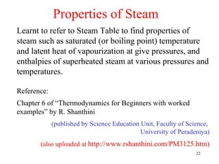 Properties of Steam
Learnt to refer to Steam Table to find properties of
steam such as saturated (or boiling point) temperature
and latent heat of vapourization at give pressures, and
enthalpies of superheated steam at various pressures and
temperatures.

Reference:
Chapter 6 of “Thermodynamics for Beginners with worked
examples” by R. Shanthini
             (published by Science Education Unit, Faculty of Science,
                                             University of Peradeniya)
       (also uploaded at http://www.rshanthini.com/PM3125.htm)
                                                                 22
 
