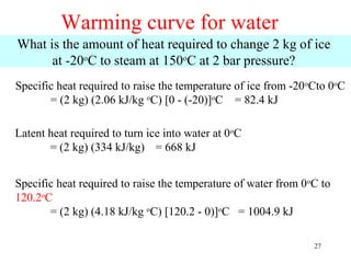 Warming curve for water
What is the amount of heat required to change 2 kg of ice
      at -20oC to steam at 150oC at 2 bar pressure?
Specific heat required to raise the temperature of ice from -20 oCto 0oC
       = (2 kg) (2.06 kJ/kg oC) [0 - (-20)]oC = 82.4 kJ

Latent heat required to turn ice into water at 0oC
       = (2 kg) (334 kJ/kg) = 668 kJ


Specific heat required to raise the temperature of water from 0oC to
120.2oC
       = (2 kg) (4.18 kJ/kg oC) [120.2 - 0)]oC = 1004.9 kJ

                                                                 27
 