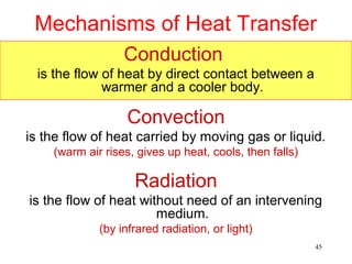 Mechanisms of Heat Transfer
                  Conduction
  is the flow of heat by direct contact between a
              warmer and a cooler body.

                   Convection
is the flow of heat carried by moving gas or liquid.
    (warm air rises, gives up heat, cools, then falls)

                    Radiation
is the flow of heat without need of an intervening
                       medium.
             (by infrared radiation, or light)
                                                         45
 