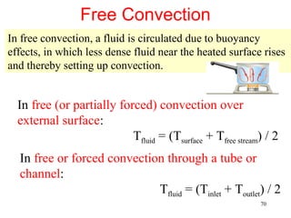 Free Convection
In free convection, a fluid is circulated due to buoyancy
effects, in which less dense fluid near the heated surface rises
and thereby setting up convection.


  In free (or partially forced) convection over
  external surface:
                           Tfluid = (Tsurface + Tfree stream) / 2
  In free or forced convection through a tube or
  channel:
                             Tfluid = (Tinlet + Toutlet) / 2
                                                            70
 