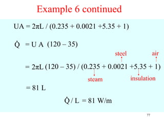 Example 6 continued
UA = 2πL / (0.235 + 0.0021 +5.35 + 1)
.
Q = U A (120 – 35)
                                 steel              air

    = 2πL (120 – 35) / (0.235 + 0.0021 +5.35 + 1)
                        steam            insulation
    = 81 L
                 .
                Q / L = 81 W/m
                                               77
 