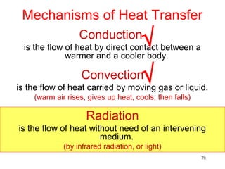 Mechanisms of Heat Transfer
                  Conduction
                                       √
  is the flow of heat by direct contact between a
              warmer and a cooler body.

                   Convection          √
is the flow of heat carried by moving gas or liquid.
    (warm air rises, gives up heat, cools, then falls)

                    Radiation
is the flow of heat without need of an intervening
                       medium.
             (by infrared radiation, or light)
                                                         78
 