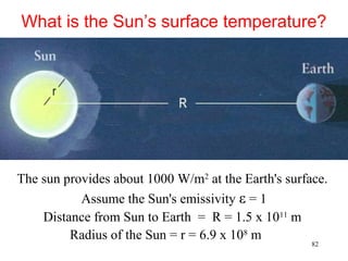 What is the Sun’s surface temperature?




The sun provides about 1000 W/m2 at the Earth's surface.
           Assume the Sun's emissivity ε = 1
    Distance from Sun to Earth = R = 1.5 x 1011 m
         Radius of the Sun = r = 6.9 x 108 m
                                                     82
 