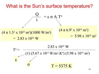What is the Sun’s surface temperature?
                     Q
                          = ε σ A T4
                     t

                                     (4 π 6.92 x 1016 m2)
(4 π 1.52 x 1022 m2)(1000 W/m2)
                                            = 5.98 x 1018 m2
       = 2.83 x 1026 W

                            2.83 x 1026 W
      T4 =
              (1) (5.67 x 10-8 W/m2.K4) (5.98 x 1018 m2)
        ε
                σ                 T = 5375 K
                                                            83
 