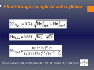 Flow through a single smooth cylinder
This correlation is valid over the ranges 10 < Rel < 107 and 0.6 < Pr < 1000 where
 