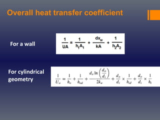Overall heat transfer coefficient
For a wall
For cylindrical
geometry
 