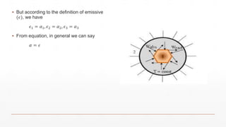 ▪ But according to the definition of emissive
(𝜖), we have
𝜖1 = 𝛼1, 𝜖2 = 𝛼2, 𝜖3 = 𝛼3
▪ From equation, in general we can say
𝛼 = 𝜖
 