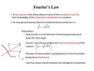 • A rate equation that allows determination of the conduction heat flux
from knowledge of the temperature distribution in a medium
Fourier’s Law
• Its most general (vector) form for multidimensional conduction is:
q k T
 
   
Implications:
– Heat transfer is in the direction of decreasing temperature
(basis for minus sign).
– Direction of heat transfer is perpendicular to lines of constant
temperature (isotherms).
– Heat flux vector may be resolved into orthogonal components.
– Fourier’s Law serves to define the thermal conductivity of the
medium /k q T
  
   
 
 