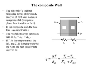 The composite Wall
• The concept of a thermal
resistance circuit allows ready
analysis of problems such as a
composite slab (composite
planar heat transfer surface).
• In the composite slab, the heat
flux is constant with x.
• The resistances are in series and
sum to Rth = Rth1 + Rth2.
• If TL is the temperature at the
left, and TR is the temperature at
the right, the heat transfer rate
is given by
21 thth
RL
th RR
TT
R
T
q





 