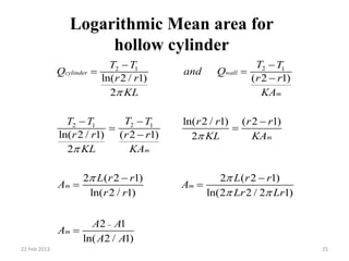 Logarithmic Mean area for
hollow cylinder
22 Feb 2013 25
22 1 1
22 1 1
ln( 2 / 1) ( 2 1)
2
ln( 2 / 1) ( 2 1)
ln( 2 / 1) ( 2 1) 2
2
2 ( 2 1) 2 ( 2 1)
ln( 2 / 1) ln(2 2 / 2 1)
2 1
ln( 2 / 1)
cylinder wall
m
m
m
m m
m
TT T T
Q and Q
r r r r
KL KA
TT T T r r r r
r r r r KL KA
KL KA
L r r L r r
A A
r r Lr Lr
A A
A
A A



 
 

 
 

  
 

 
 

 