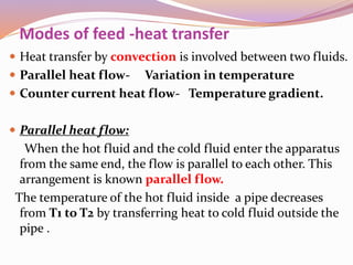 Modes of feed -heat transfer
 Heat transfer by convection is involved between two fluids.
 Parallel heat flow- Variation in temperature
 Counter current heat flow- Temperature gradient.
 Parallel heat flow:
When the hot fluid and the cold fluid enter the apparatus
from the same end, the flow is parallel to each other. This
arrangement is known parallel flow.
The temperature of the hot fluid inside a pipe decreases
from T1 to T2 by transferring heat to cold fluid outside the
pipe .
 